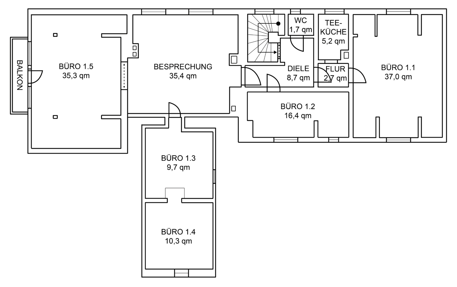 Grundrissplan vom Obergeschoss der Business Lounge Büro 1.5 mit 35,3 quadratmetern, Besprechung mit 35,4 quadratmeter, Büro 1.3 mit 9,7 quadratmeter, Büro 1.4 mit 10,3 quadratmetern, Diele mit 8,7 quadratmetern, WC mit 1,7 quadratmetern, Büro 1.2 mit 16,4 quadratmetern, Flur mit 2,7 quadratmetern, Teeküche mit 5,2 quadratmetern, Büro 1.1 mit 37,0 quadratmetern